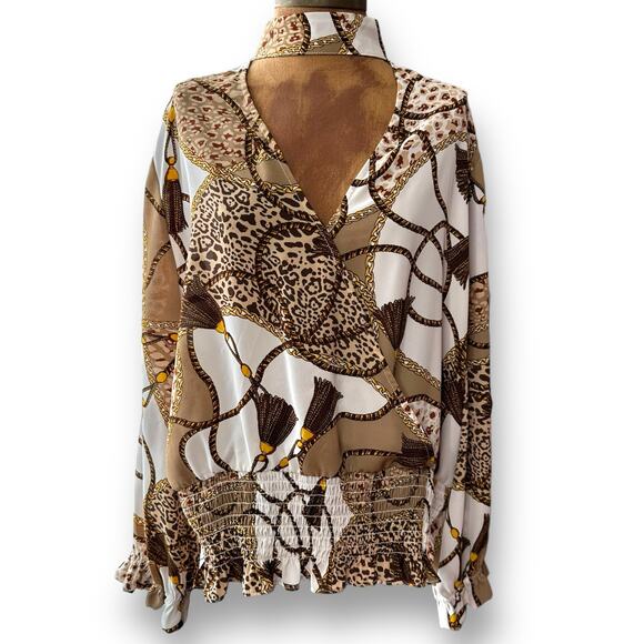 NY&C Chain Rope Cheetah Print Wrap Blouse Womens XL Choker Ruffle Y2K Fall Top - Picture 1 of 3